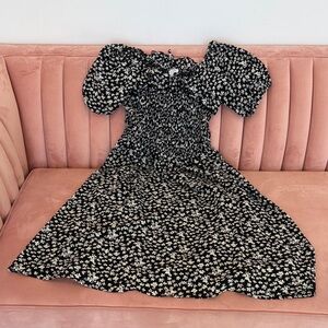 Black Floral Puff Sleeve Smocked Midi Dress